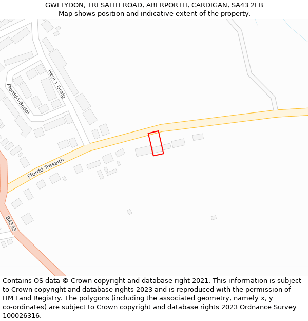 GWELYDON, TRESAITH ROAD, ABERPORTH, CARDIGAN, SA43 2EB: Location map and indicative extent of plot