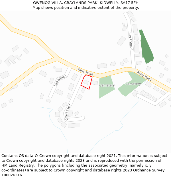 GWENOG VILLA, CRAYLANDS PARK, KIDWELLY, SA17 5EH: Location map and indicative extent of plot