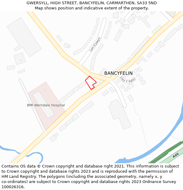 GWERSYLL, HIGH STREET, BANCYFELIN, CARMARTHEN, SA33 5ND: Location map and indicative extent of plot