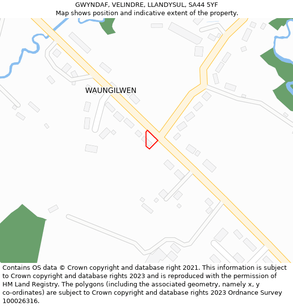 GWYNDAF, VELINDRE, LLANDYSUL, SA44 5YF: Location map and indicative extent of plot
