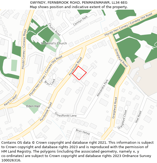 GWYNDY, FERNBROOK ROAD, PENMAENMAWR, LL34 6EG: Location map and indicative extent of plot