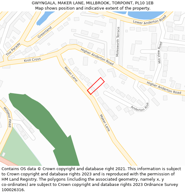 GWYNGALA, MAKER LANE, MILLBROOK, TORPOINT, PL10 1EB: Location map and indicative extent of plot