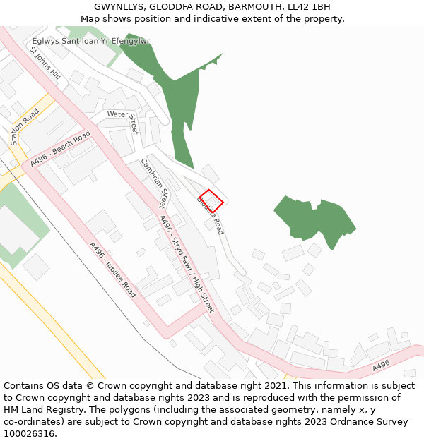 GWYNLLYS, GLODDFA ROAD, BARMOUTH, LL42 1BH: Location map and indicative extent of plot