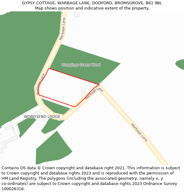 GYPSY COTTAGE, WARBAGE LANE, DODFORD, BROMSGROVE, B61 9BL: Location map and indicative extent of plot