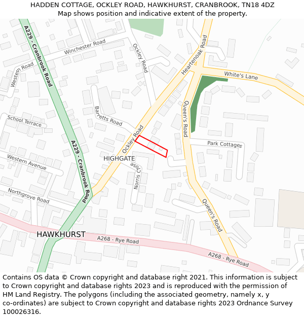 HADDEN COTTAGE, OCKLEY ROAD, HAWKHURST, CRANBROOK, TN18 4DZ: Location map and indicative extent of plot