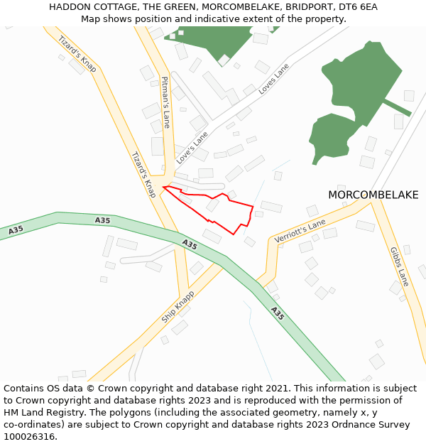 HADDON COTTAGE, THE GREEN, MORCOMBELAKE, BRIDPORT, DT6 6EA: Location map and indicative extent of plot