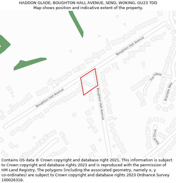 HADDON GLADE, BOUGHTON HALL AVENUE, SEND, WOKING, GU23 7DD: Location map and indicative extent of plot