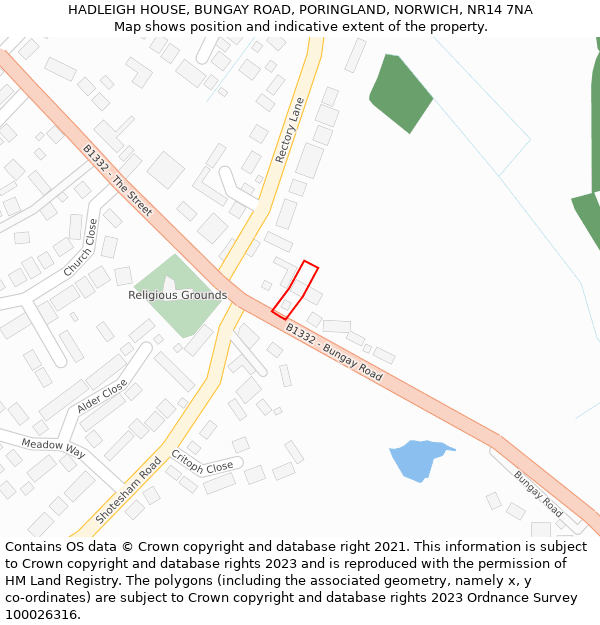 HADLEIGH HOUSE, BUNGAY ROAD, PORINGLAND, NORWICH, NR14 7NA: Location map and indicative extent of plot