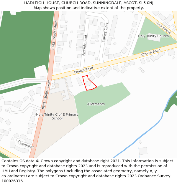 HADLEIGH HOUSE, CHURCH ROAD, SUNNINGDALE, ASCOT, SL5 0NJ: Location map and indicative extent of plot