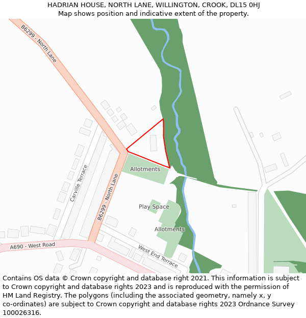 HADRIAN HOUSE, NORTH LANE, WILLINGTON, CROOK, DL15 0HJ: Location map and indicative extent of plot