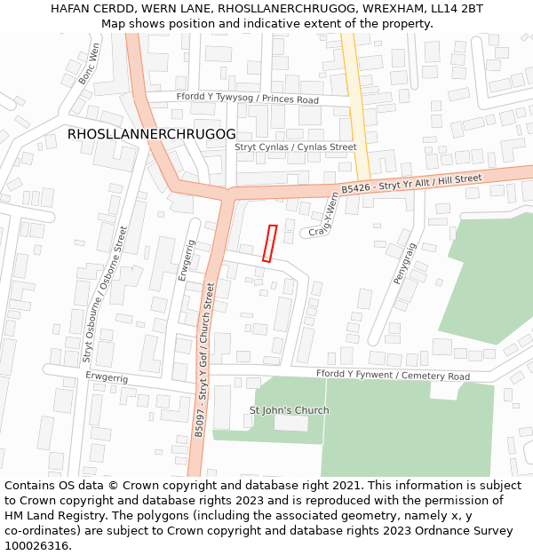 HAFAN CERDD, WERN LANE, RHOSLLANERCHRUGOG, WREXHAM, LL14 2BT: Location map and indicative extent of plot