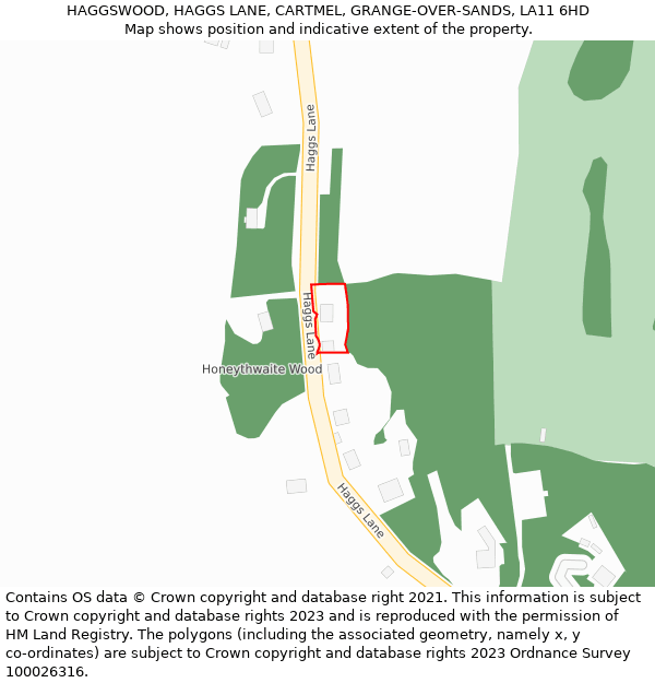 HAGGSWOOD, HAGGS LANE, CARTMEL, GRANGE-OVER-SANDS, LA11 6HD: Location map and indicative extent of plot