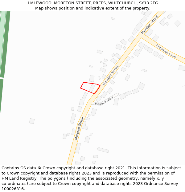 HALEWOOD, MORETON STREET, PREES, WHITCHURCH, SY13 2EG: Location map and indicative extent of plot