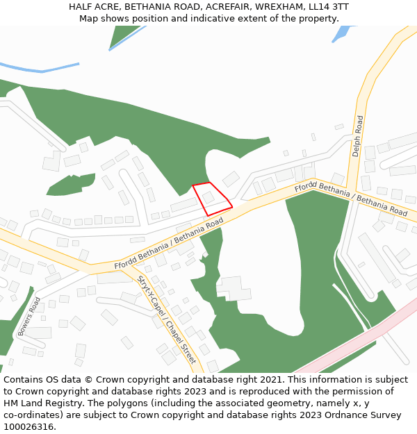 HALF ACRE, BETHANIA ROAD, ACREFAIR, WREXHAM, LL14 3TT: Location map and indicative extent of plot