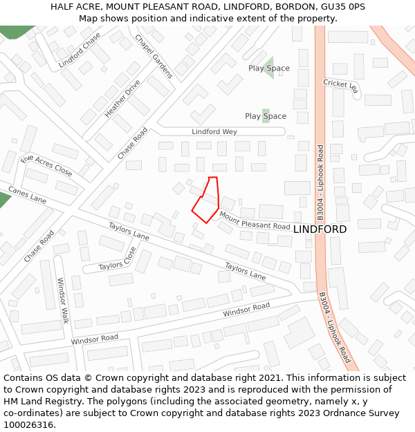 HALF ACRE, MOUNT PLEASANT ROAD, LINDFORD, BORDON, GU35 0PS: Location map and indicative extent of plot