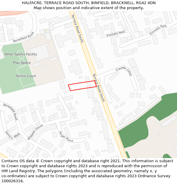 HALFACRE, TERRACE ROAD SOUTH, BINFIELD, BRACKNELL, RG42 4DN: Location map and indicative extent of plot