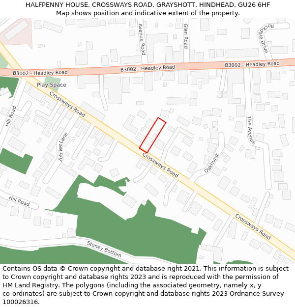 HALFPENNY HOUSE, CROSSWAYS ROAD, GRAYSHOTT, HINDHEAD, GU26 6HF: Location map and indicative extent of plot