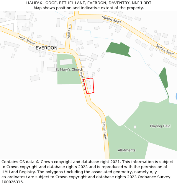 HALIFAX LODGE, BETHEL LANE, EVERDON, DAVENTRY, NN11 3DT: Location map and indicative extent of plot