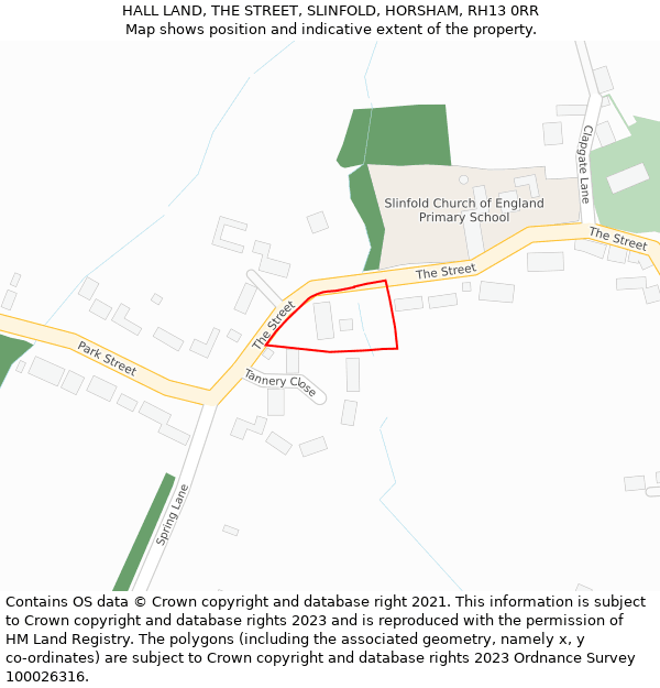 HALL LAND, THE STREET, SLINFOLD, HORSHAM, RH13 0RR: Location map and indicative extent of plot
