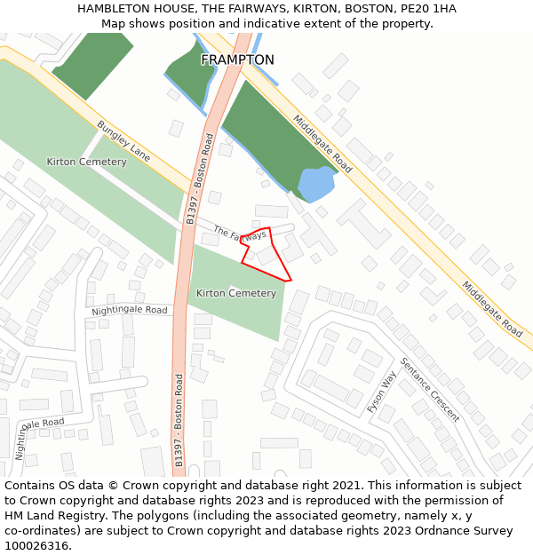 HAMBLETON HOUSE, THE FAIRWAYS, KIRTON, BOSTON, PE20 1HA: Location map and indicative extent of plot