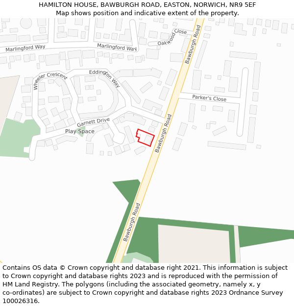 HAMILTON HOUSE, BAWBURGH ROAD, EASTON, NORWICH, NR9 5EF: Location map and indicative extent of plot