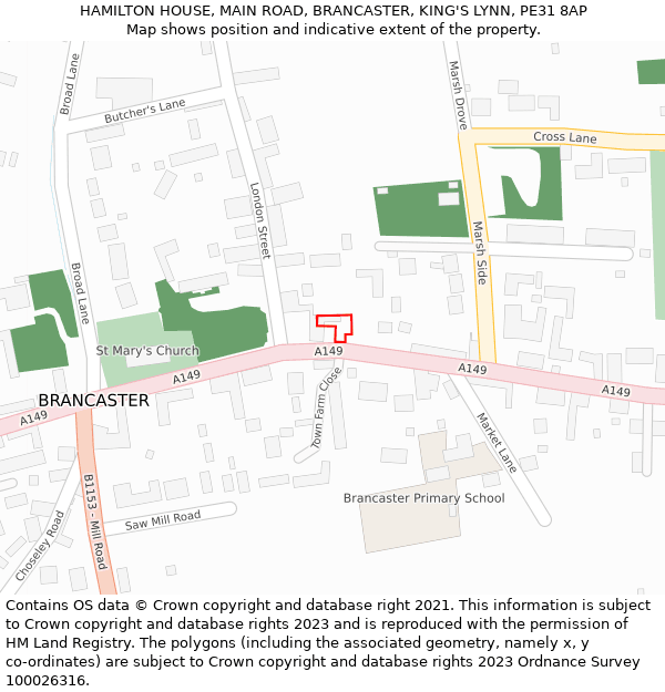 HAMILTON HOUSE, MAIN ROAD, BRANCASTER, KING'S LYNN, PE31 8AP: Location map and indicative extent of plot