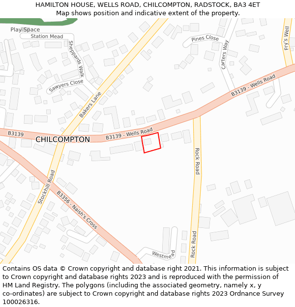 HAMILTON HOUSE, WELLS ROAD, CHILCOMPTON, RADSTOCK, BA3 4ET: Location map and indicative extent of plot