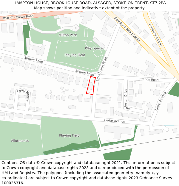 HAMPTON HOUSE, BROOKHOUSE ROAD, ALSAGER, STOKE-ON-TRENT, ST7 2PA: Location map and indicative extent of plot