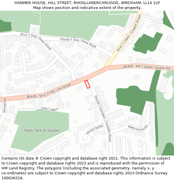 HANMER HOUSE, HILL STREET, RHOSLLANERCHRUGOG, WREXHAM, LL14 1LP: Location map and indicative extent of plot