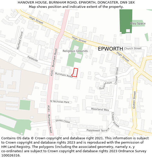 HANOVER HOUSE, BURNHAM ROAD, EPWORTH, DONCASTER, DN9 1BX: Location map and indicative extent of plot
