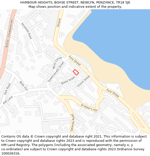 HARBOUR HEIGHTS, BOASE STREET, NEWLYN, PENZANCE, TR18 5JE: Location map and indicative extent of plot