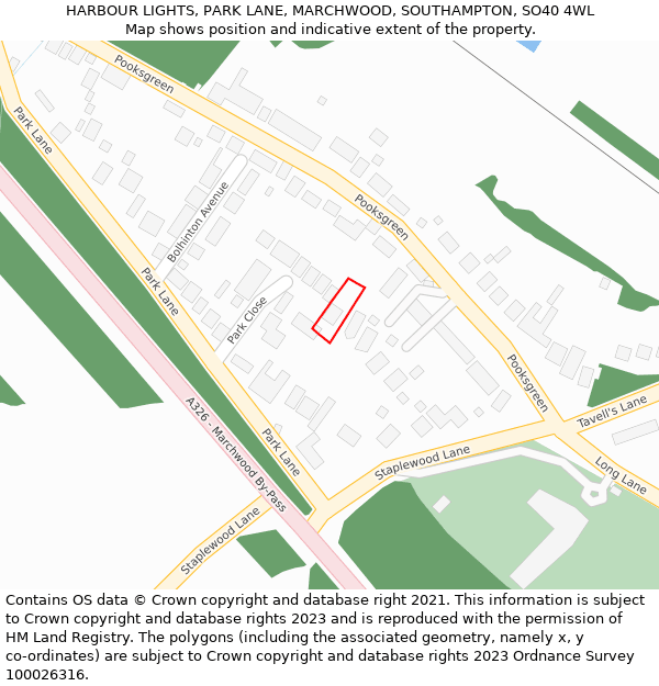 HARBOUR LIGHTS, PARK LANE, MARCHWOOD, SOUTHAMPTON, SO40 4WL: Location map and indicative extent of plot