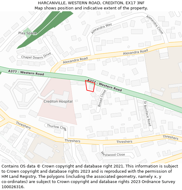 HARCANVILLE, WESTERN ROAD, CREDITON, EX17 3NF: Location map and indicative extent of plot