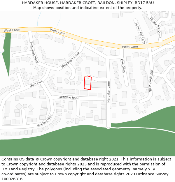 HARDAKER HOUSE, HARDAKER CROFT, BAILDON, SHIPLEY, BD17 5AU: Location map and indicative extent of plot