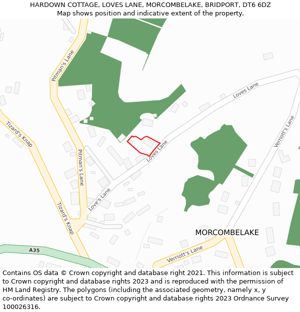 HARDOWN COTTAGE, LOVES LANE, MORCOMBELAKE, BRIDPORT, DT6 6DZ: Location map and indicative extent of plot