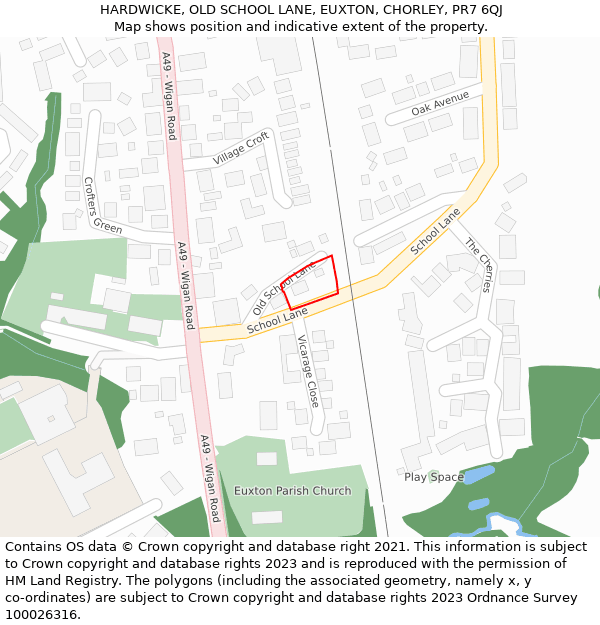 HARDWICKE, OLD SCHOOL LANE, EUXTON, CHORLEY, PR7 6QJ: Location map and indicative extent of plot