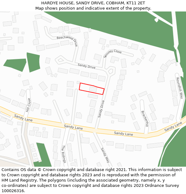 HARDYE HOUSE, SANDY DRIVE, COBHAM, KT11 2ET: Location map and indicative extent of plot