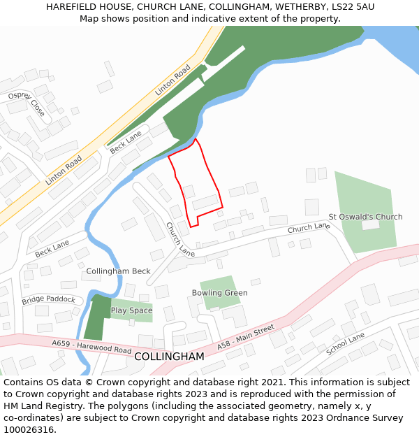 HAREFIELD HOUSE, CHURCH LANE, COLLINGHAM, WETHERBY, LS22 5AU: Location map and indicative extent of plot