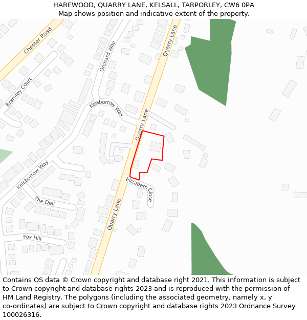 HAREWOOD, QUARRY LANE, KELSALL, TARPORLEY, CW6 0PA: Location map and indicative extent of plot