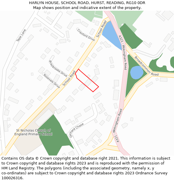 HARLYN HOUSE, SCHOOL ROAD, HURST, READING, RG10 0DR: Location map and indicative extent of plot