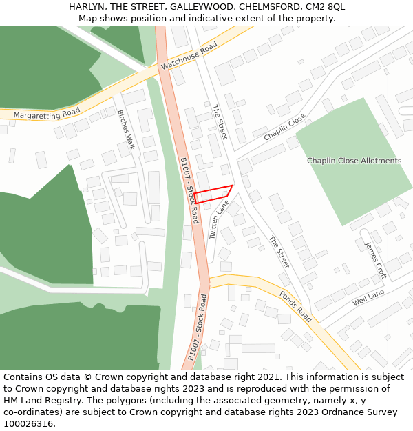 HARLYN, THE STREET, GALLEYWOOD, CHELMSFORD, CM2 8QL: Location map and indicative extent of plot