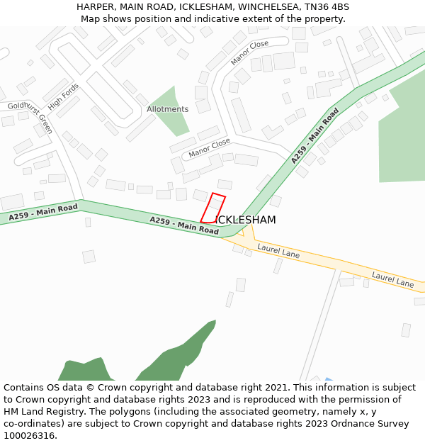 HARPER, MAIN ROAD, ICKLESHAM, WINCHELSEA, TN36 4BS: Location map and indicative extent of plot