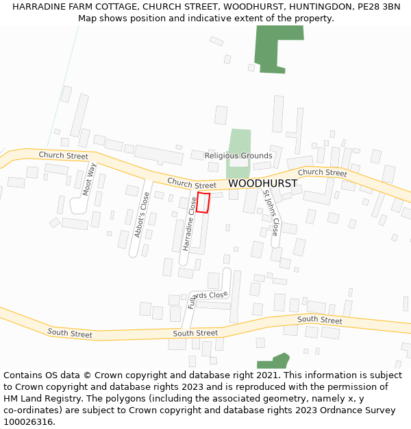 HARRADINE FARM COTTAGE, CHURCH STREET, WOODHURST, HUNTINGDON, PE28 3BN: Location map and indicative extent of plot