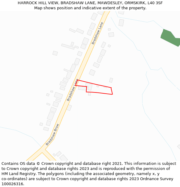 HARROCK HILL VIEW, BRADSHAW LANE, MAWDESLEY, ORMSKIRK, L40 3SF: Location map and indicative extent of plot