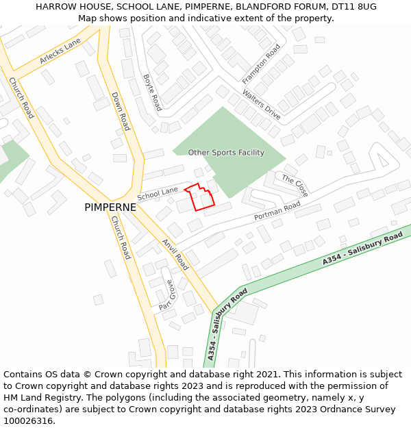 HARROW HOUSE, SCHOOL LANE, PIMPERNE, BLANDFORD FORUM, DT11 8UG: Location map and indicative extent of plot