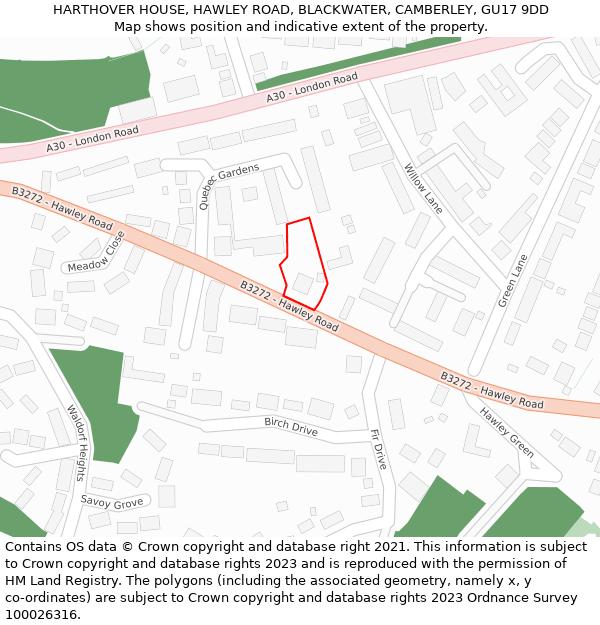 HARTHOVER HOUSE, HAWLEY ROAD, BLACKWATER, CAMBERLEY, GU17 9DD: Location map and indicative extent of plot