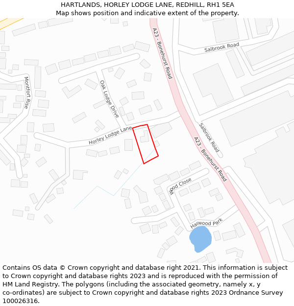 HARTLANDS, HORLEY LODGE LANE, REDHILL, RH1 5EA: Location map and indicative extent of plot