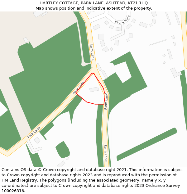 HARTLEY COTTAGE, PARK LANE, ASHTEAD, KT21 1HQ: Location map and indicative extent of plot
