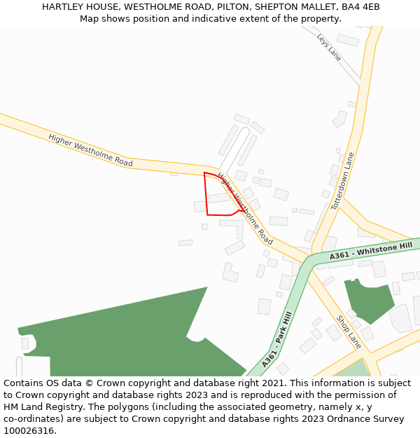 HARTLEY HOUSE, WESTHOLME ROAD, PILTON, SHEPTON MALLET, BA4 4EB: Location map and indicative extent of plot