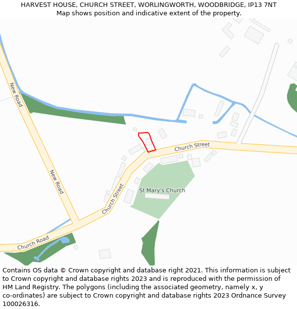 HARVEST HOUSE, CHURCH STREET, WORLINGWORTH, WOODBRIDGE, IP13 7NT: Location map and indicative extent of plot